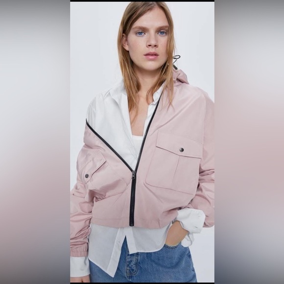 Zara Women's Dusty Pink Size Medium Hooded Zip Up Jacket Outdoor Adjustable Tie - Picture 12 of 12
